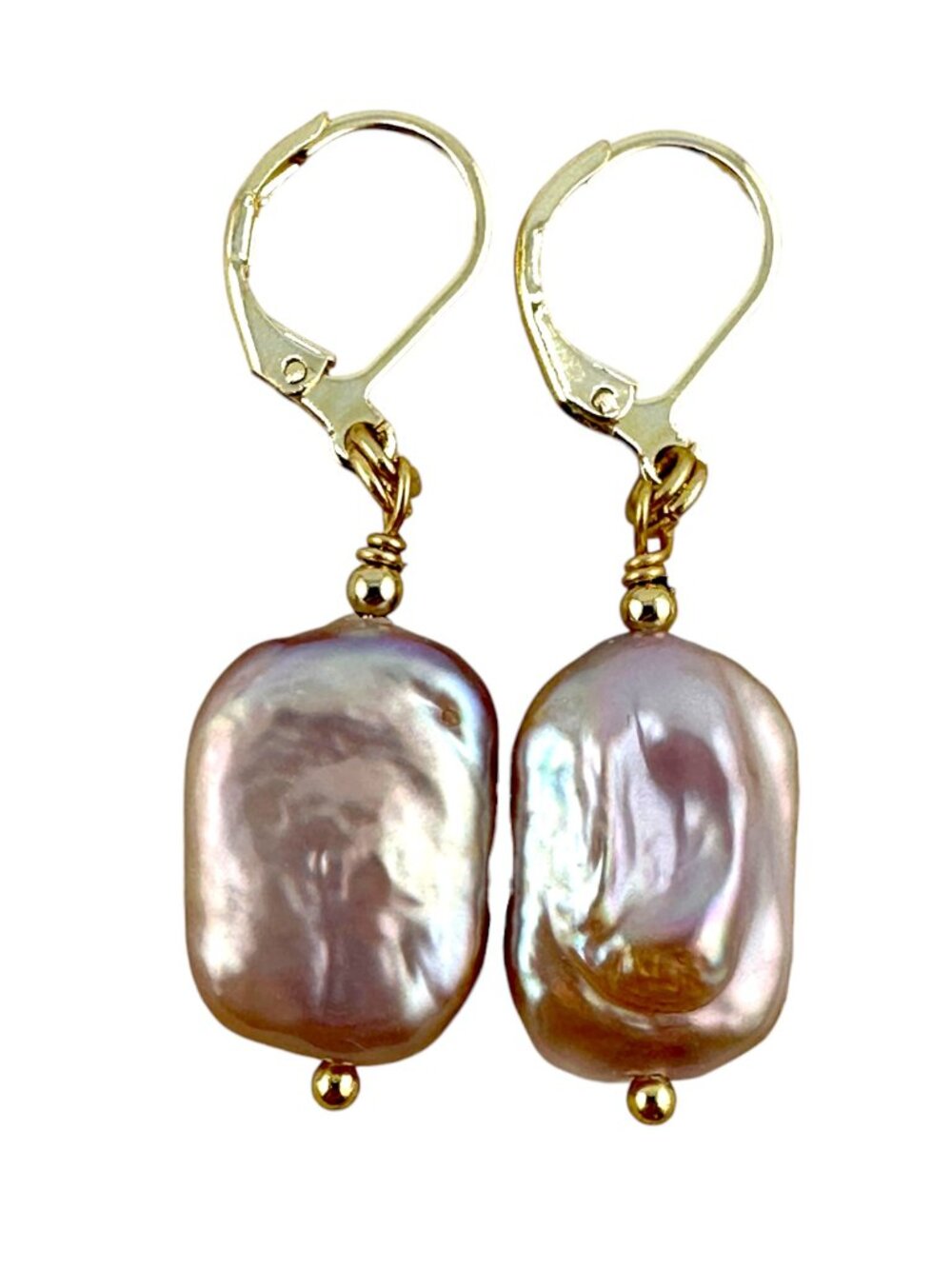 Baroque Pearl Earrings Gold Filled Leverbacks Pink Freshwater Pearl Dangle 18mm - Picture 4 of 10
